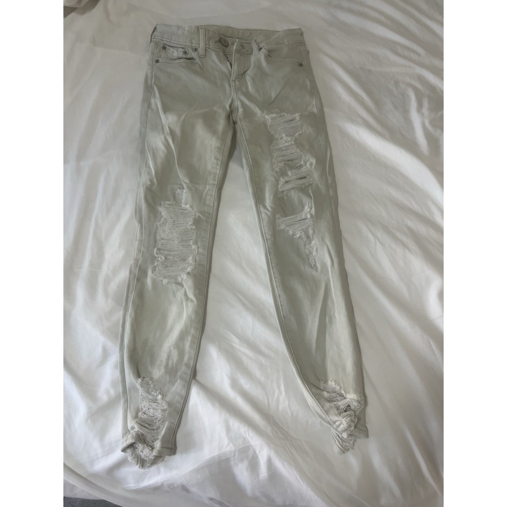 American Eagle Super Stretch Jeggings Cream Distressed Raw Hem Size 2 SHORT